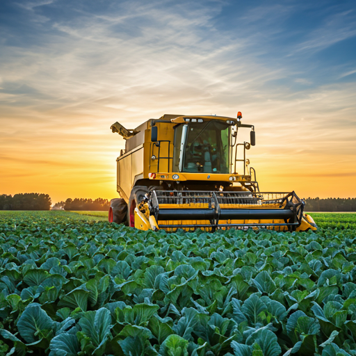 Harvesting machine at sunset